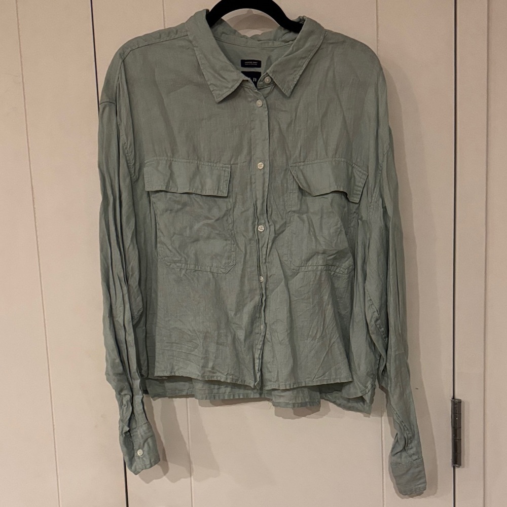 GAP Women's Frothy aqua green 100% Linen Cropped Shirt